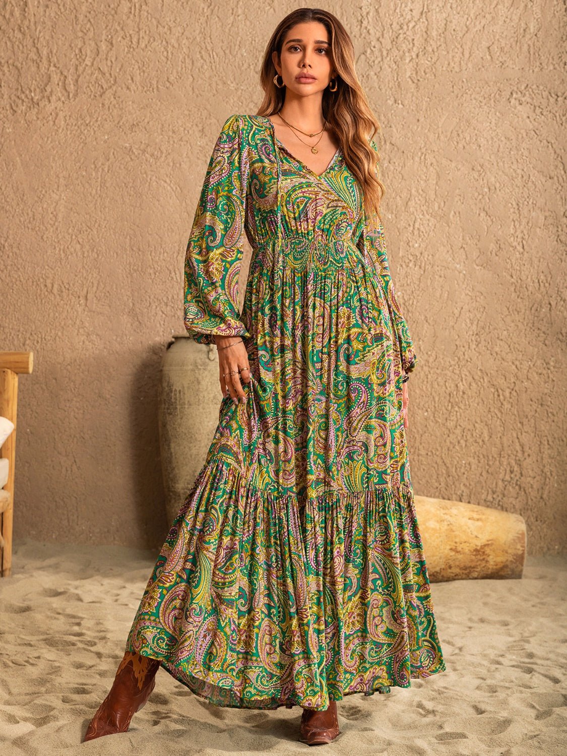 Beach Rose Co.Paisley Print Tie Neck Long Sleeve Maxi Dress in Match Green