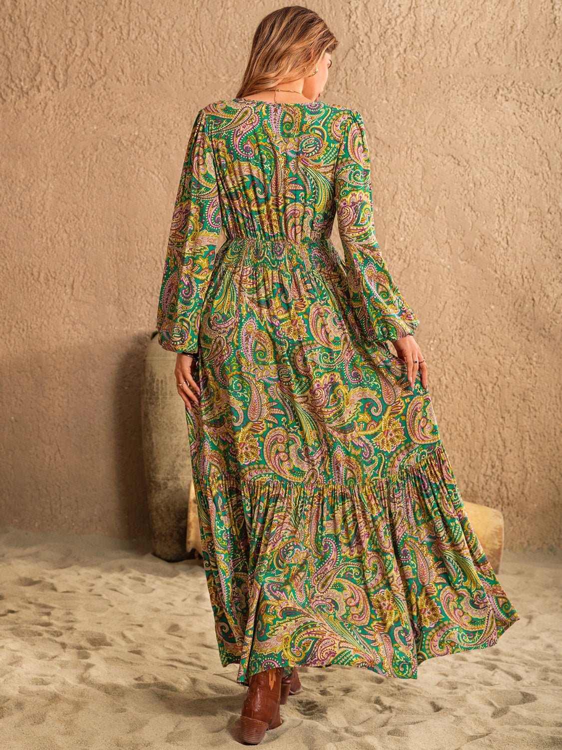 Beach Rose Co.Paisley Print Tie Neck Long Sleeve Maxi Dress in Match Green