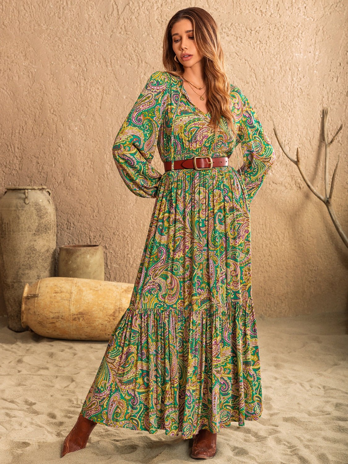 Beach Rose Co.Paisley Print Tie Neck Long Sleeve Maxi Dress in Match Green