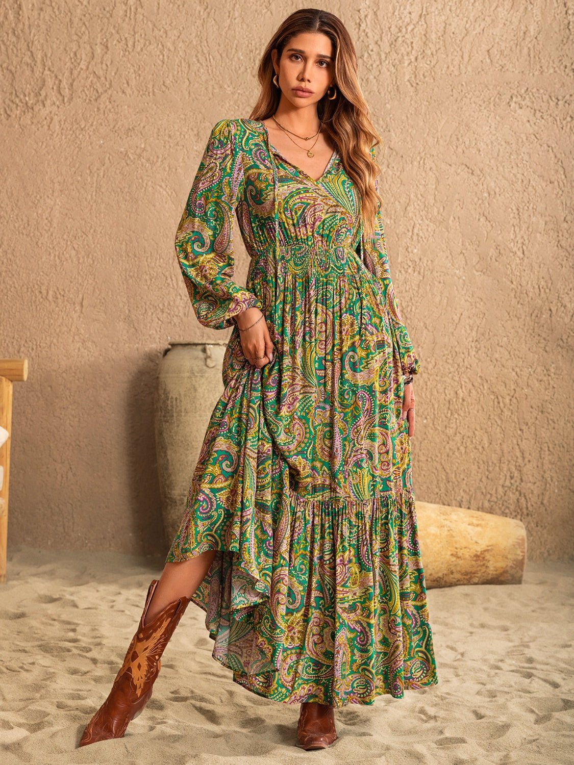 Beach Rose Co.Paisley Print Tie Neck Long Sleeve Maxi Dress in Match Green