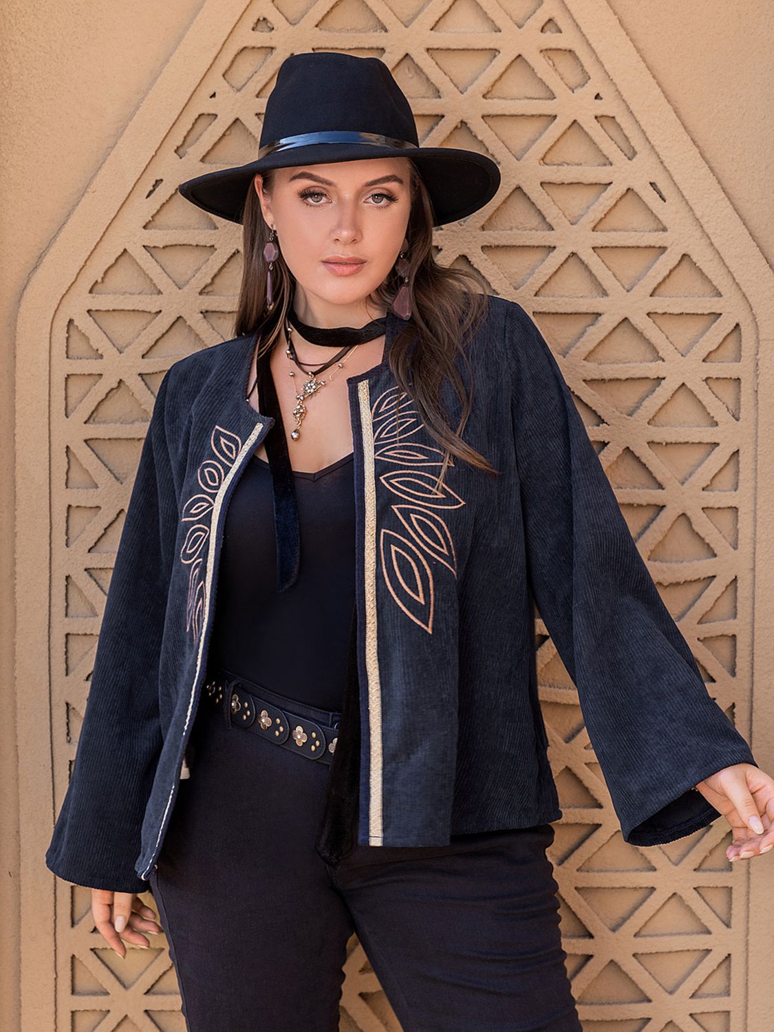 Beach Rose Co.Plus Size Embroidered Open Front Jacket in Dark Navy