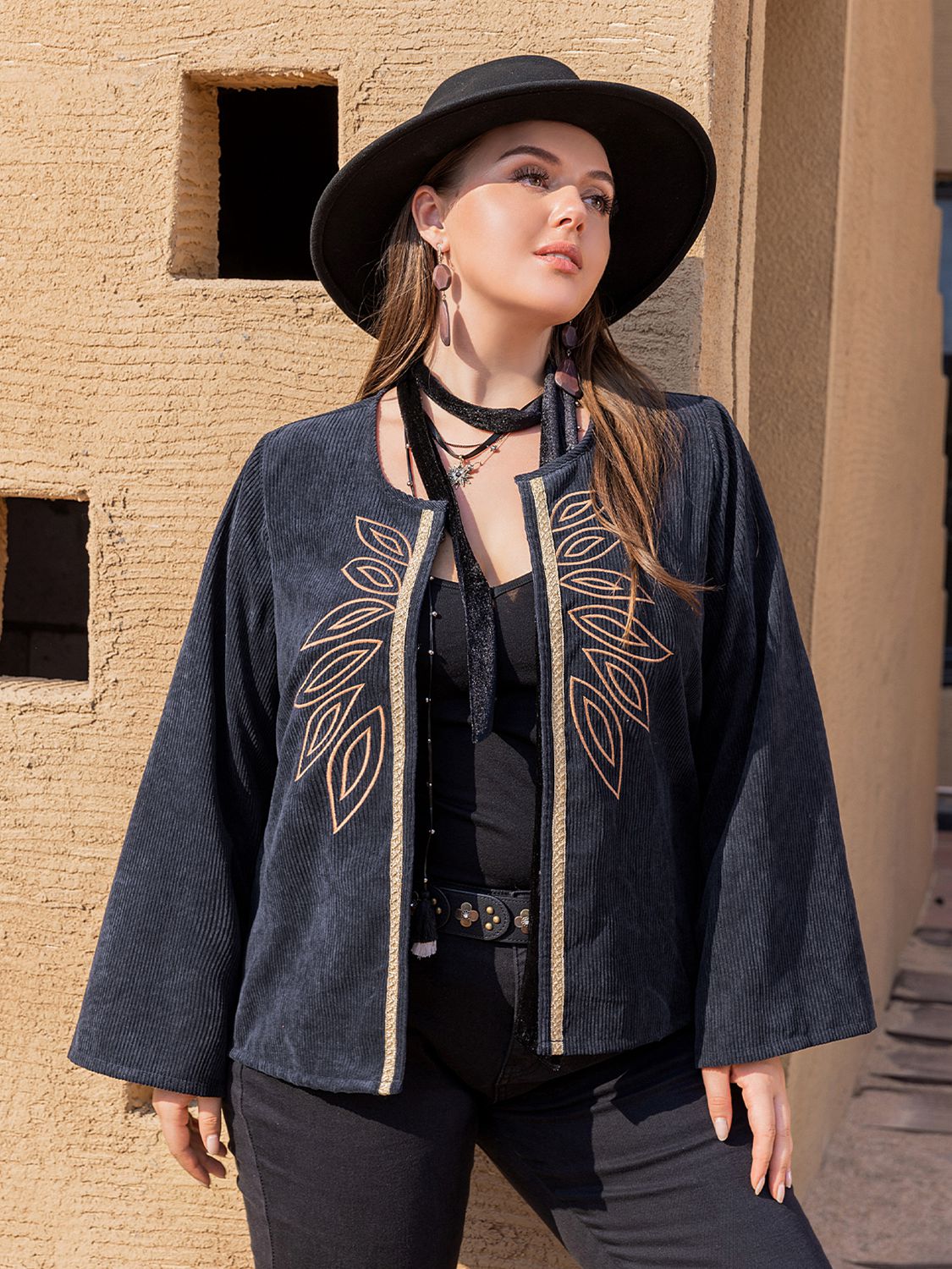 Beach Rose Co.Plus Size Embroidered Open Front Jacket in Dark Navy