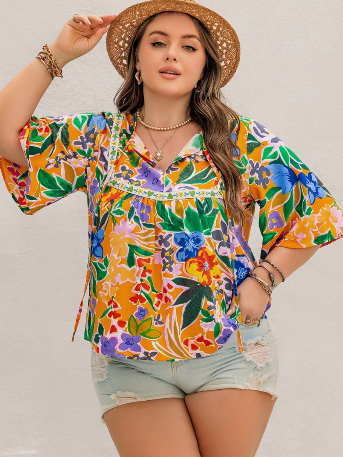 Beach Rose Co.Plus Size Floral Print Half Sleeve Babydoll Blouse in Tangerine