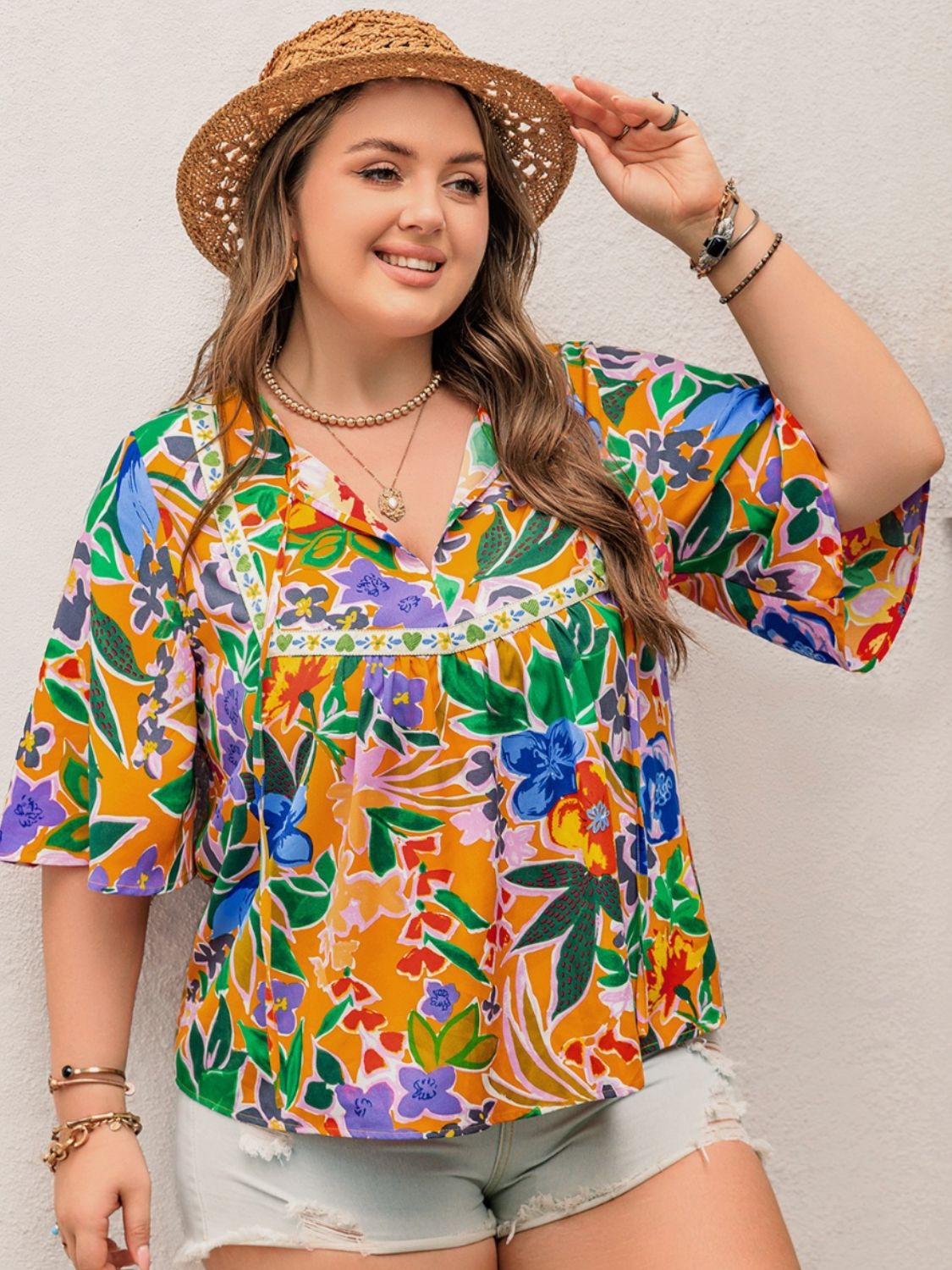 Beach Rose Co.Plus Size Floral Print Half Sleeve Babydoll Blouse in Tangerine