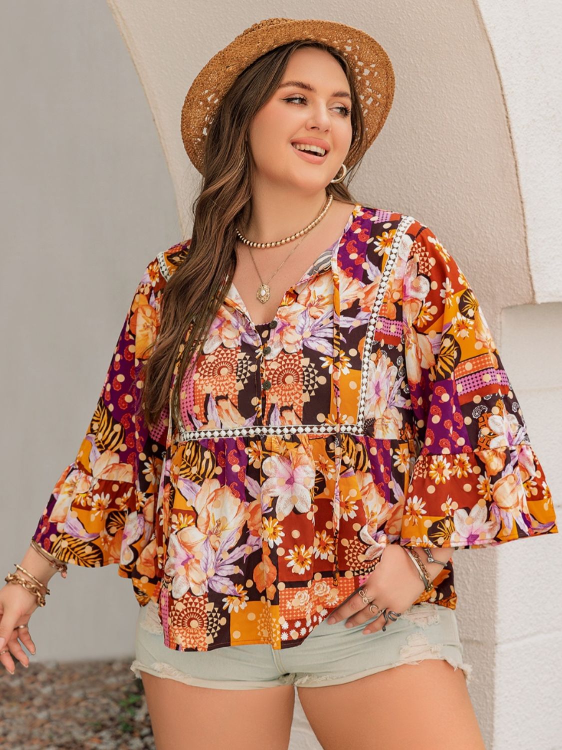 Beach Rose Co.Plus Size Floral Print Tie Neck Babydoll Blouse in Tangerine