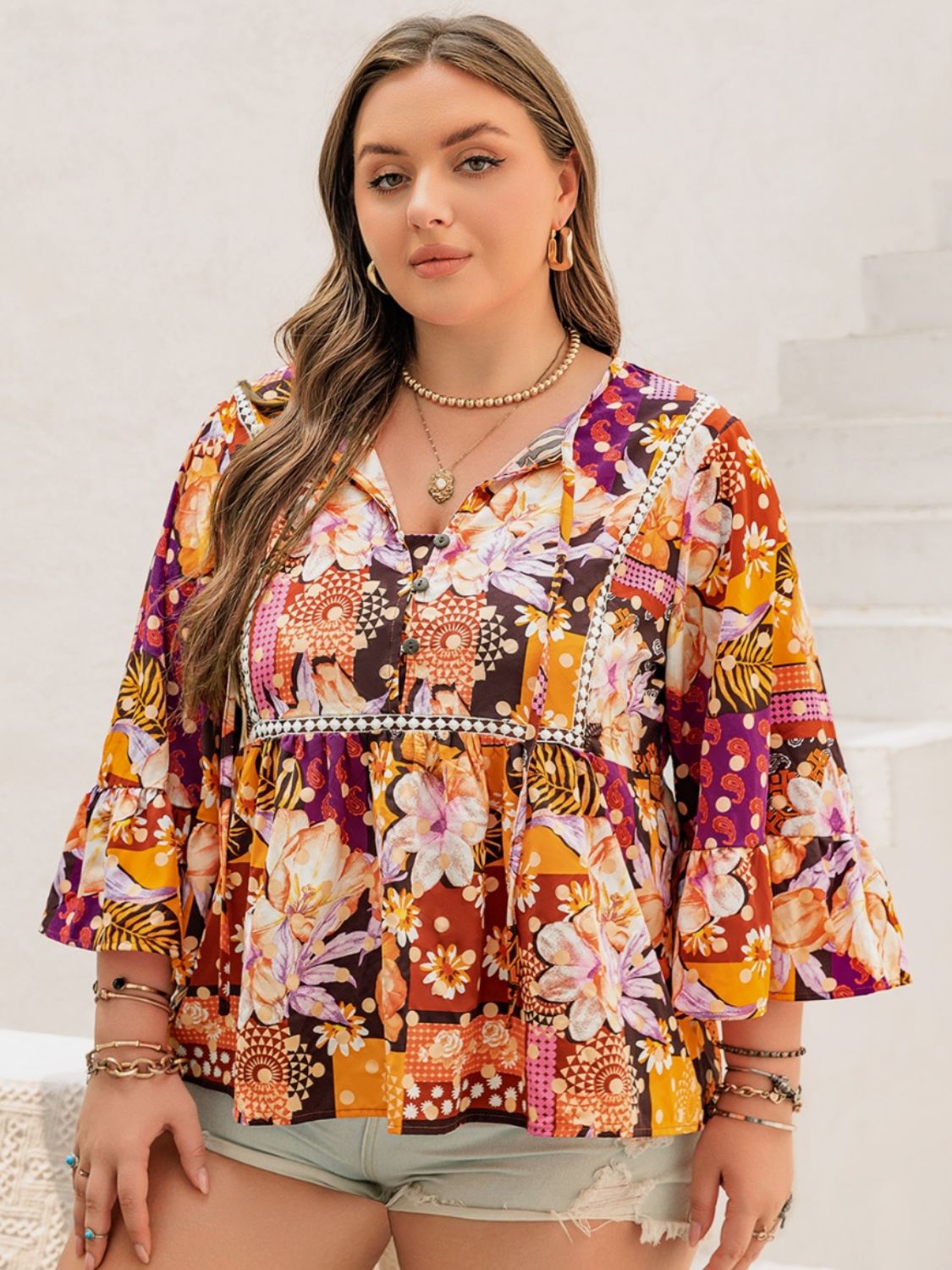 Beach Rose Co.Plus Size Floral Print Tie Neck Babydoll Blouse in Tangerine