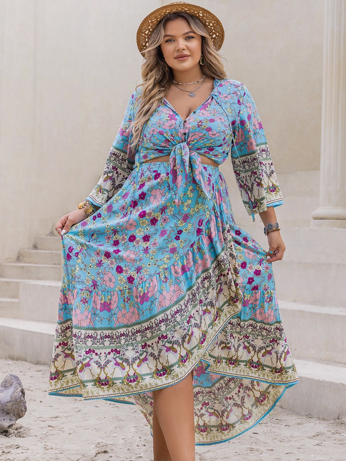 Beach Rose Co.Plus Size Floral Print Top and Midi Skirt Set in Light Blue