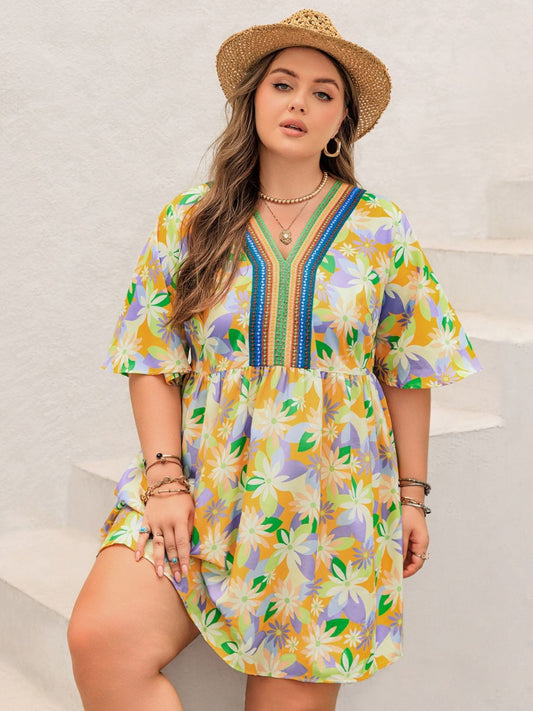 Beach Rose Co.Plus Size Floral Print V - Neck Half Sleeve Mini Dress in Yellow