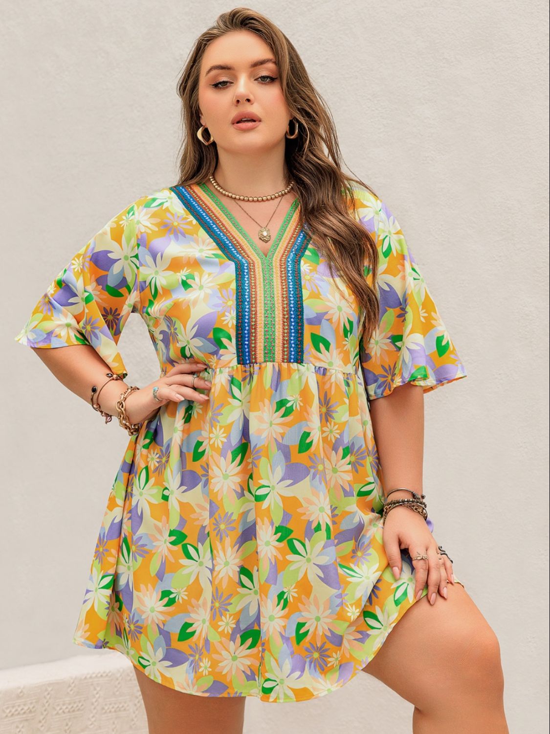 Beach Rose Co.Plus Size Floral Print V - Neck Half Sleeve Mini Dress in Yellow