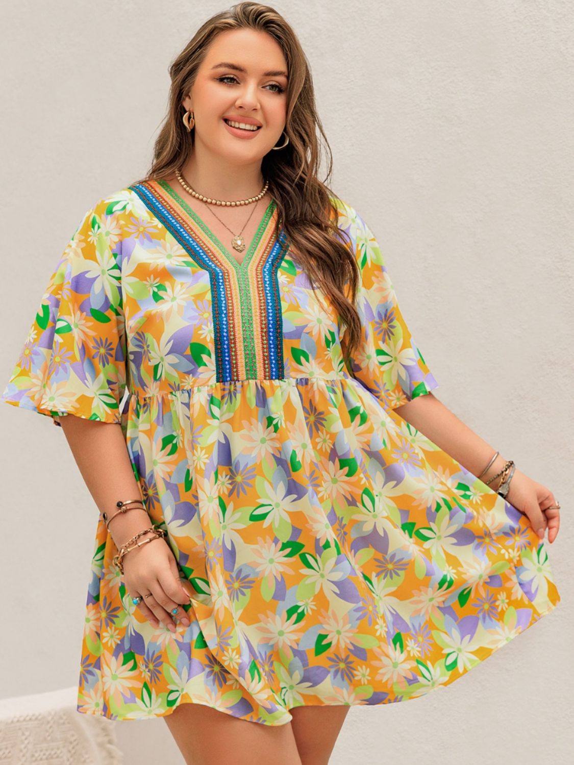 Beach Rose Co.Plus Size Floral Print V - Neck Half Sleeve Mini Dress in Yellow