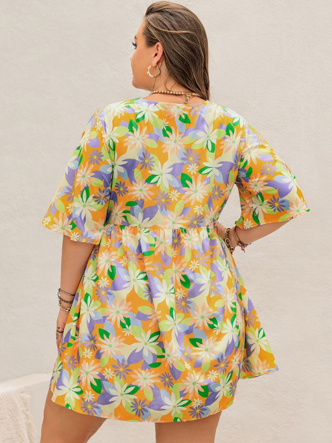 Beach Rose Co.Plus Size Floral Print V - Neck Half Sleeve Mini Dress in Yellow