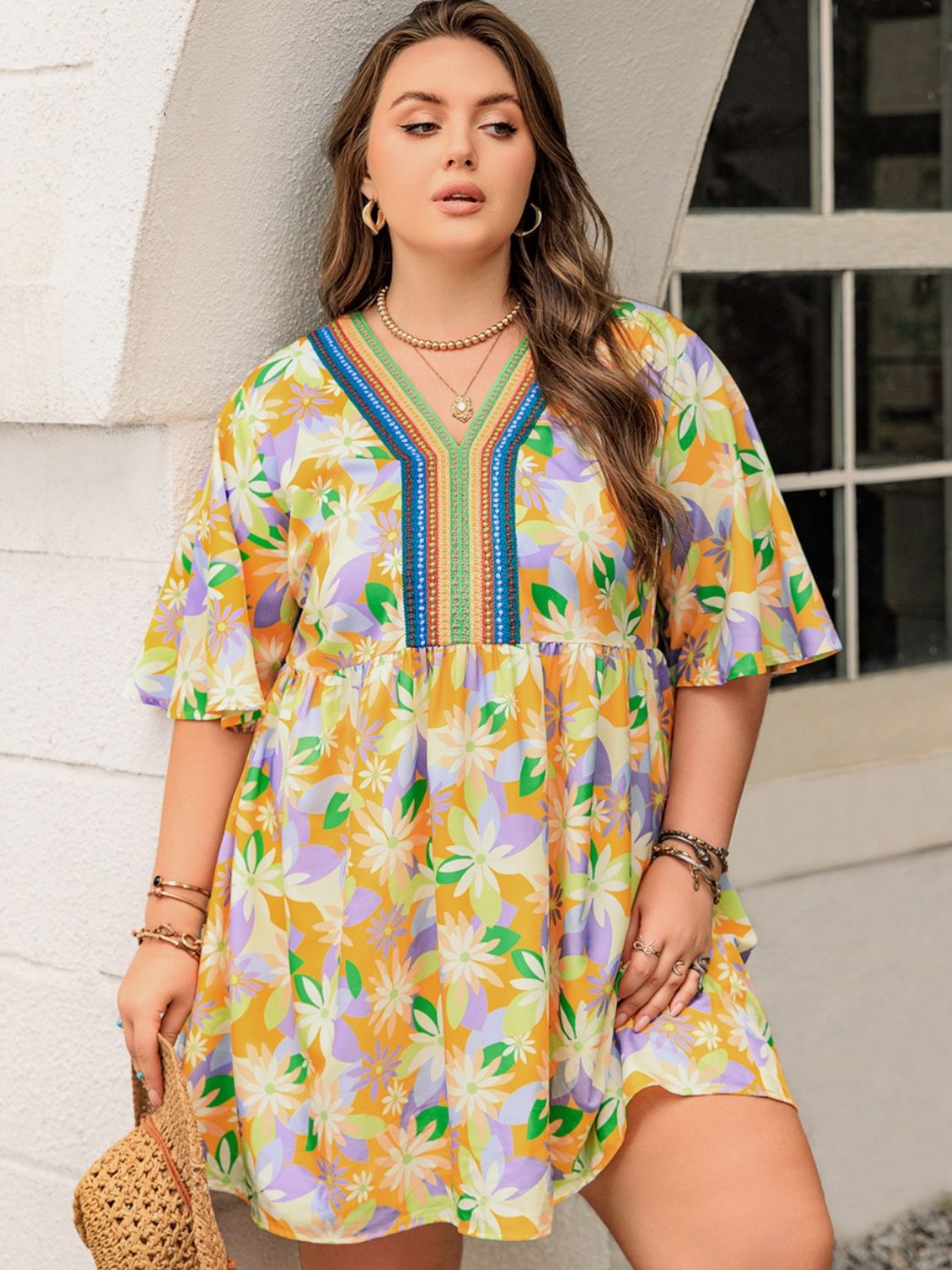 Beach Rose Co.Plus Size Floral Print V - Neck Half Sleeve Mini Dress in Yellow