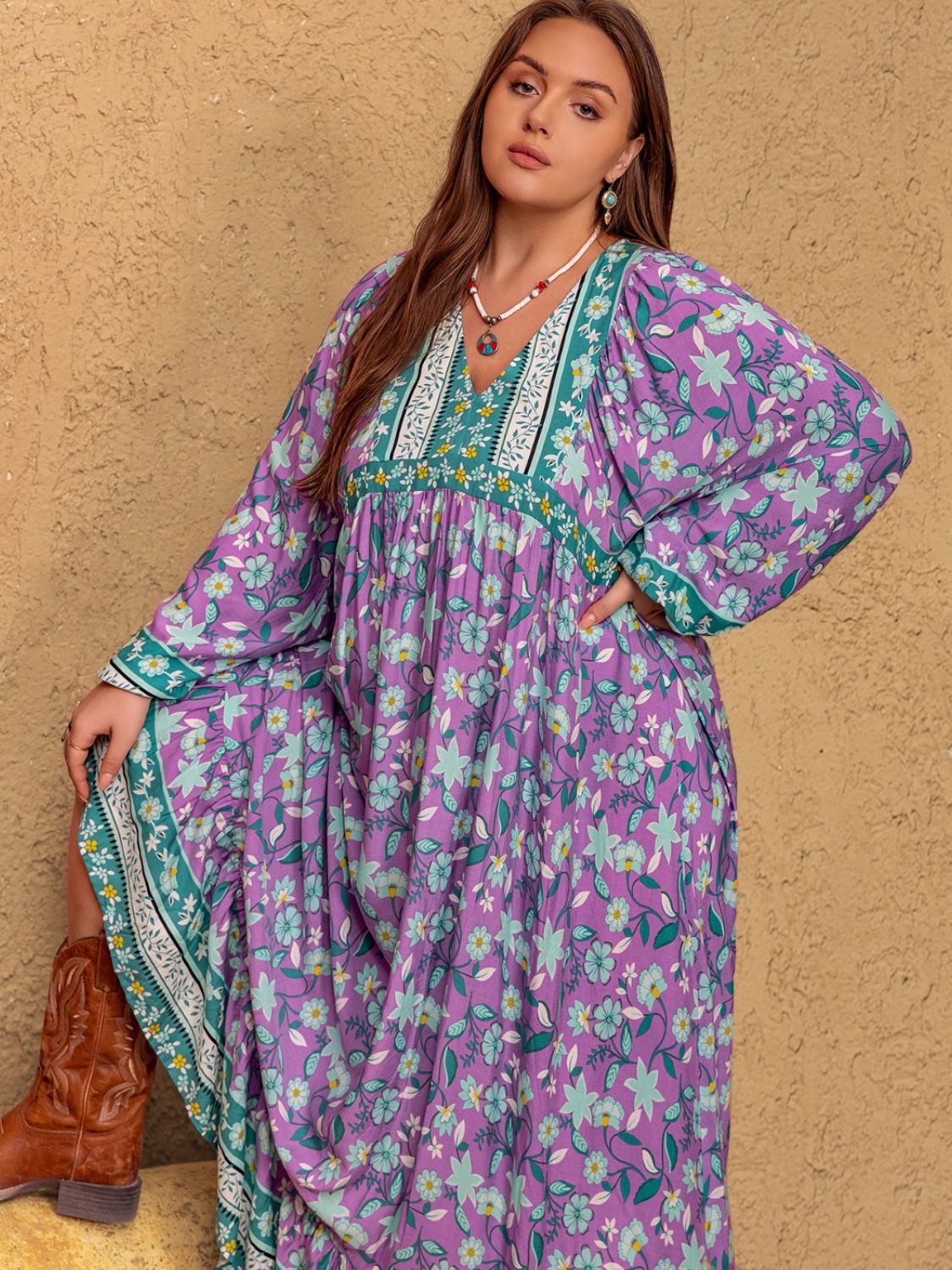 Beach Rose Co.Plus Size Floral Print V - Neck Long Sleeve Maxi Dress in Mauve