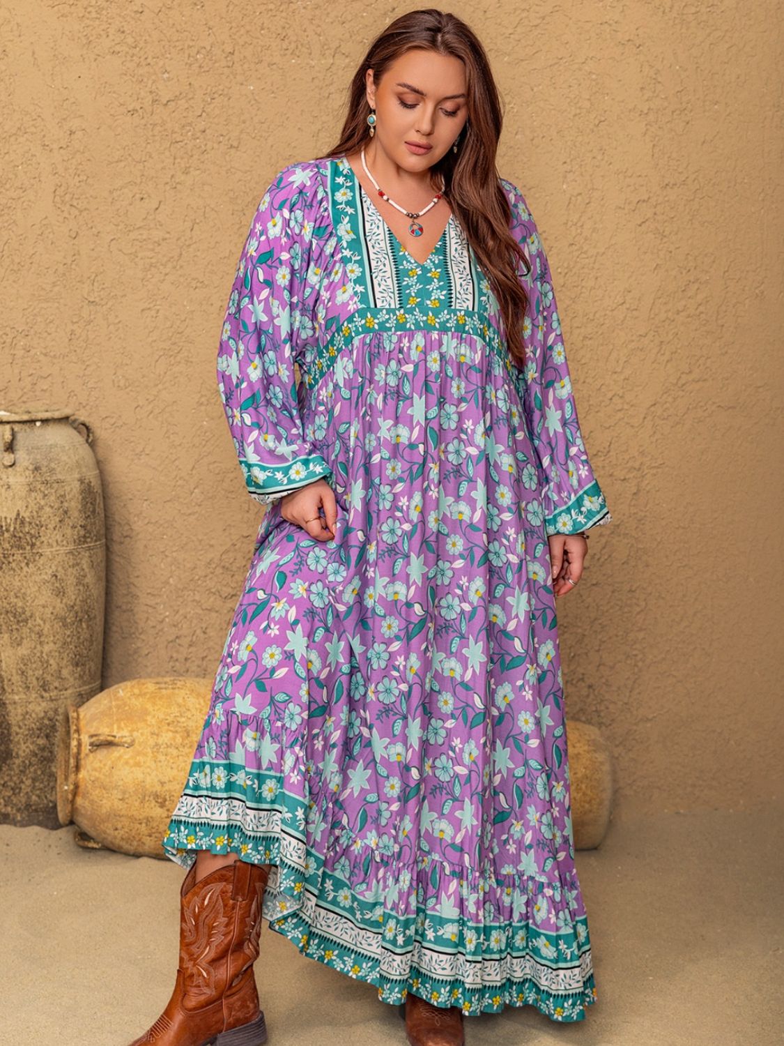 Beach Rose Co.Plus Size Floral Print V - Neck Long Sleeve Maxi Dress in Mauve