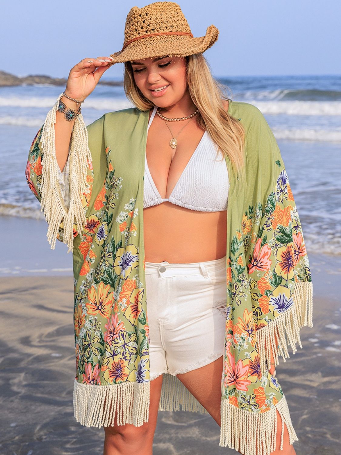 Beach Rose Co.Plus Size Fringe Open Front Cover - Up in Sage