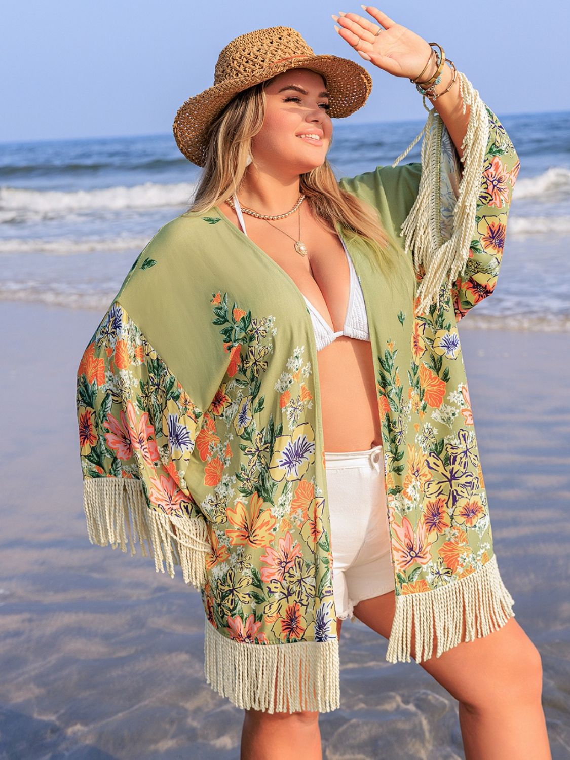 Beach Rose Co.Plus Size Fringe Open Front Cover - Up in Sage