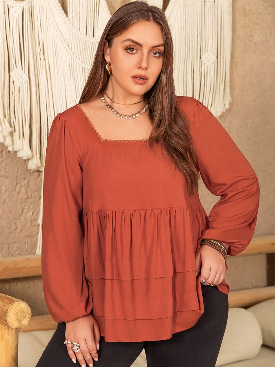 Beach Rose Co.Plus Size Lace Detail Square Neck Long Sleeve Blouse in Terracotta