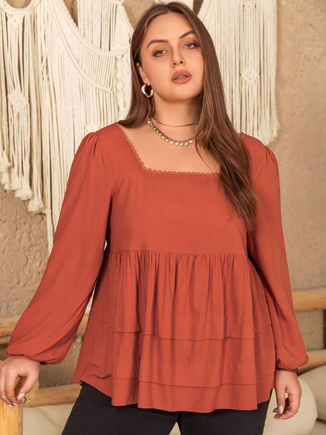 Beach Rose Co.Plus Size Lace Detail Square Neck Long Sleeve Blouse in Terracotta