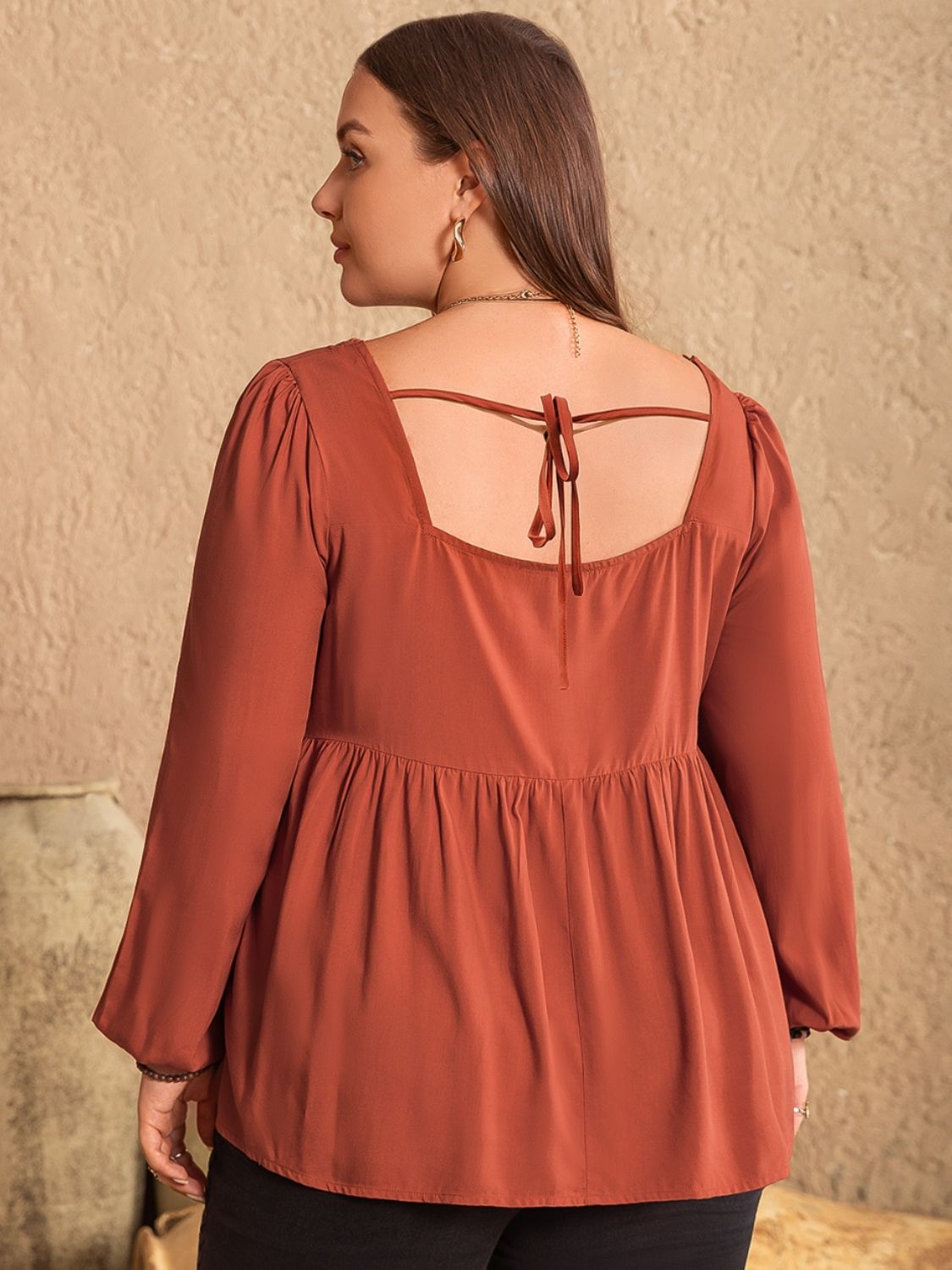 Beach Rose Co.Plus Size Lace Detail Square Neck Long Sleeve Blouse in Terracotta