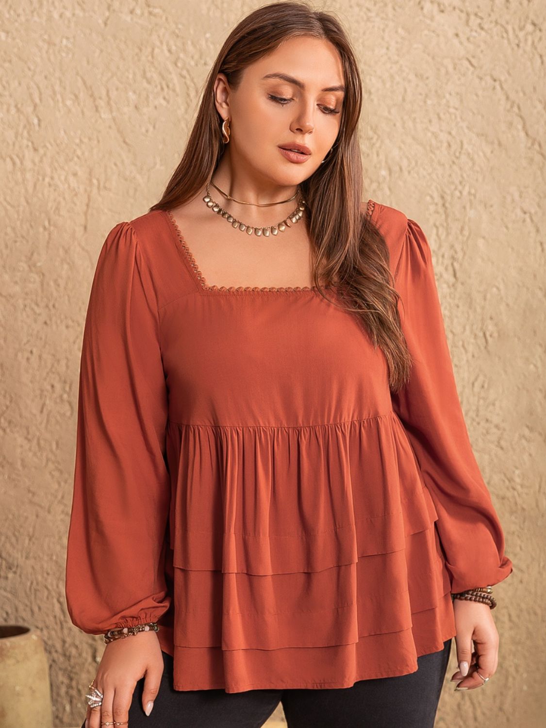 Beach Rose Co.Plus Size Lace Detail Square Neck Long Sleeve Blouse in Terracotta