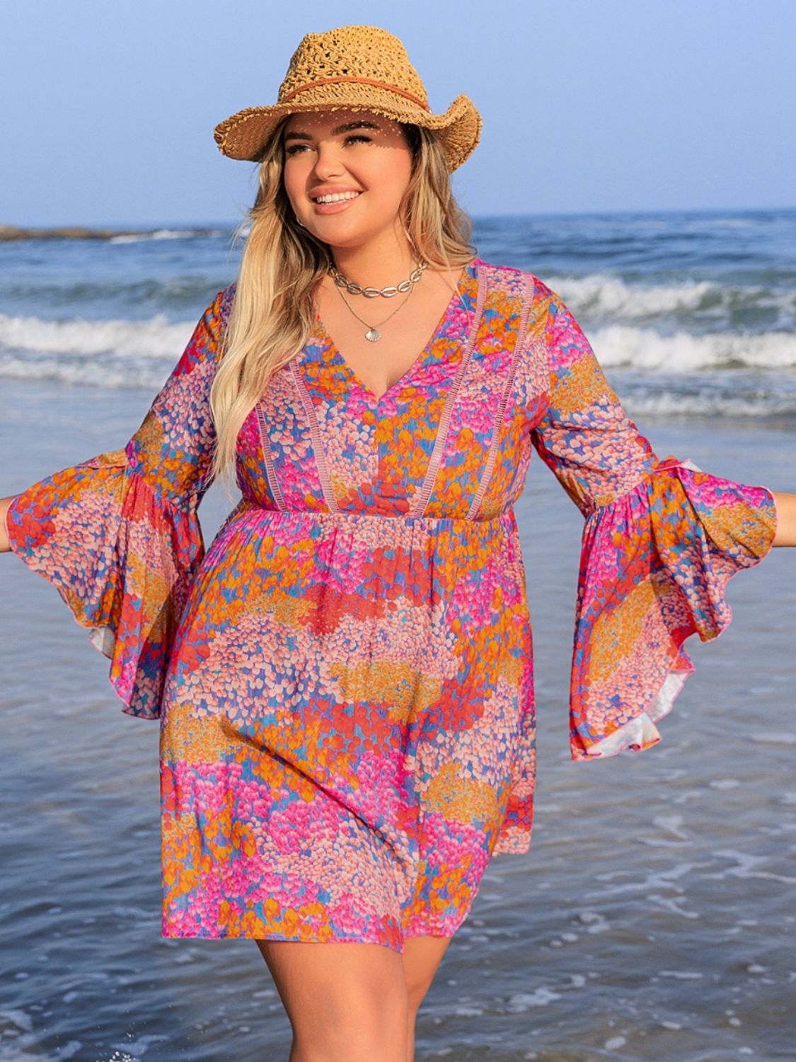 Beach Rose Co.Plus Size Printed Long Sleeve Mini Dress in Scarlet