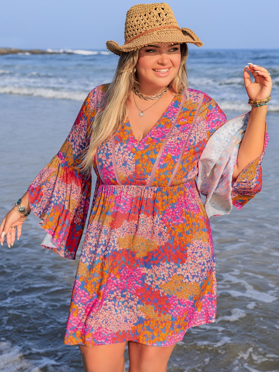 Beach Rose Co.Plus Size Printed Long Sleeve Mini Dress in Scarlet