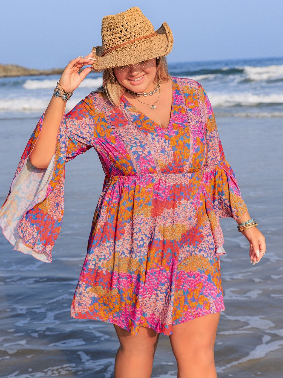 Beach Rose Co.Plus Size Printed Long Sleeve Mini Dress in Scarlet