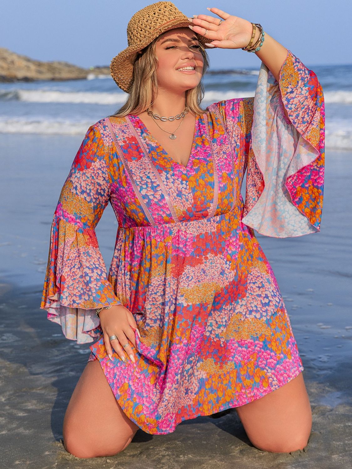 Beach Rose Co.Plus Size Printed Long Sleeve Mini Dress in Scarlet