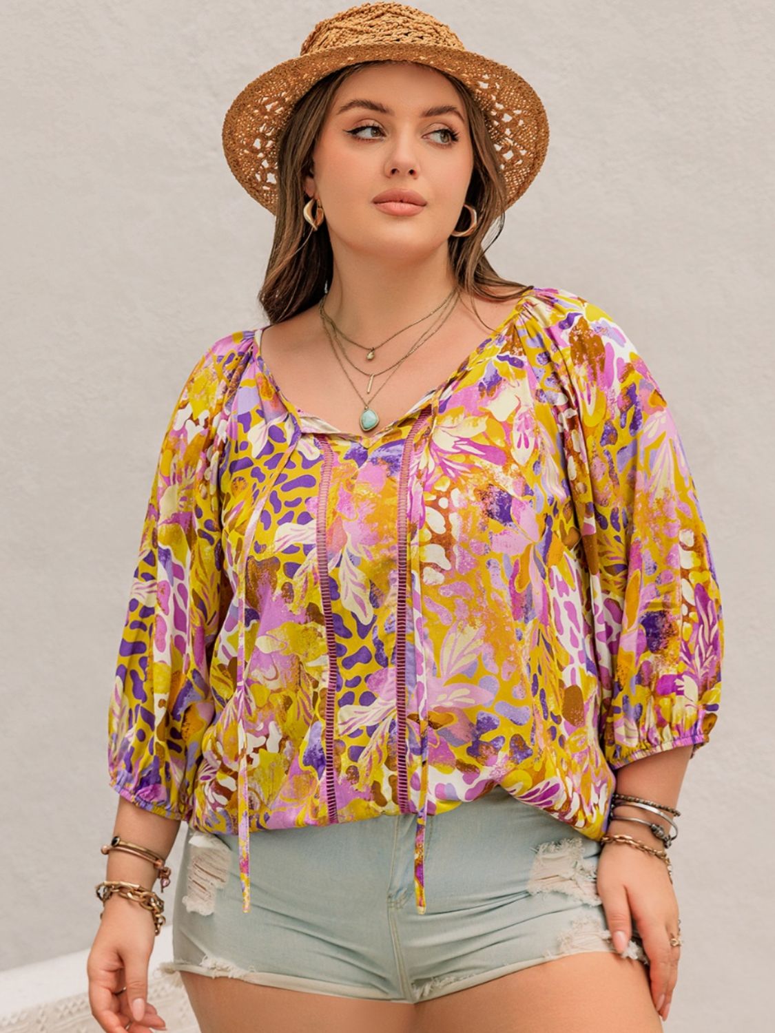 Beach Rose Co.Plus Size Printed Tie Neck Blouse in Moonlit Mauve