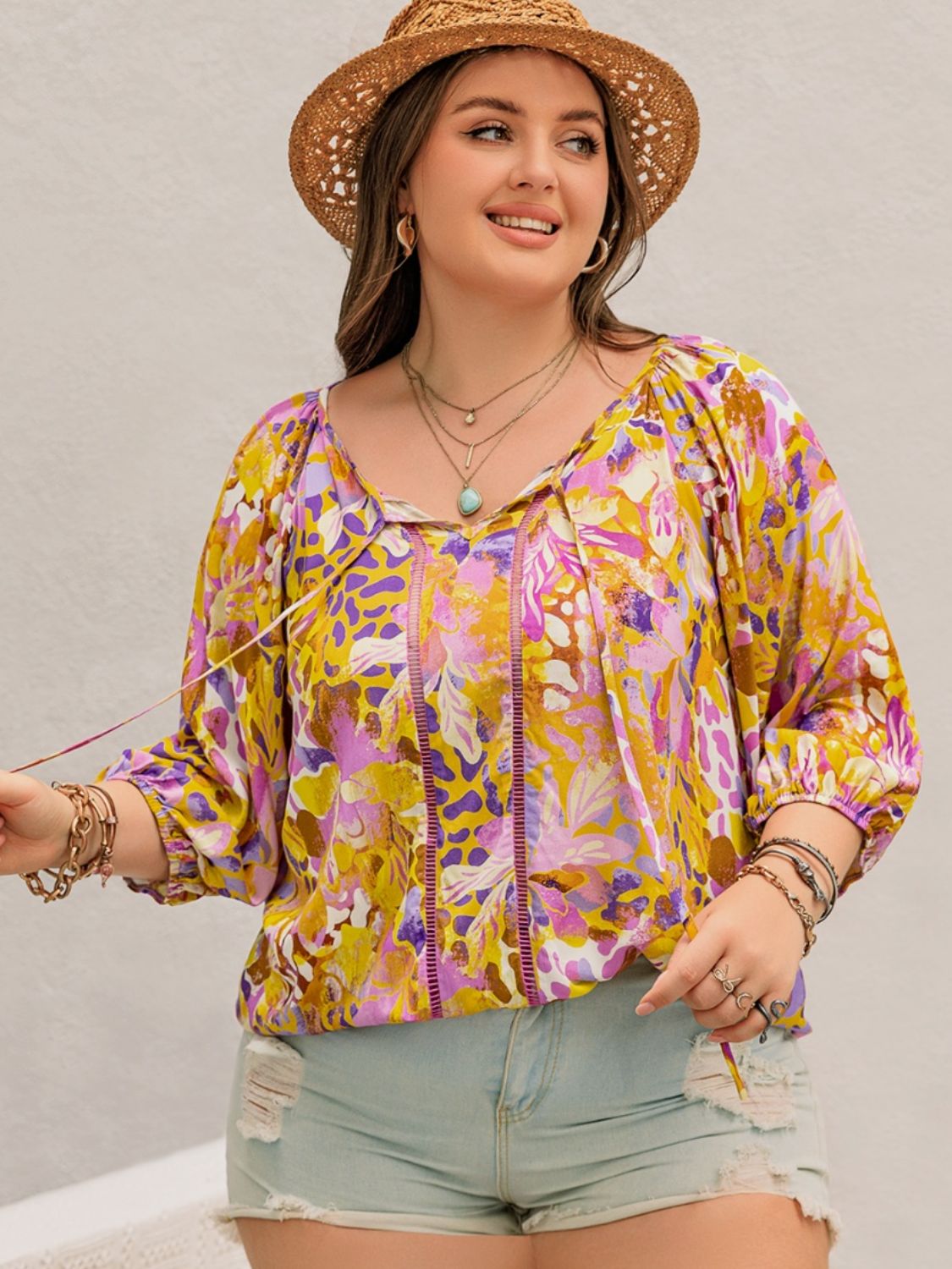 Beach Rose Co.Plus Size Printed Tie Neck Blouse in Moonlit Mauve