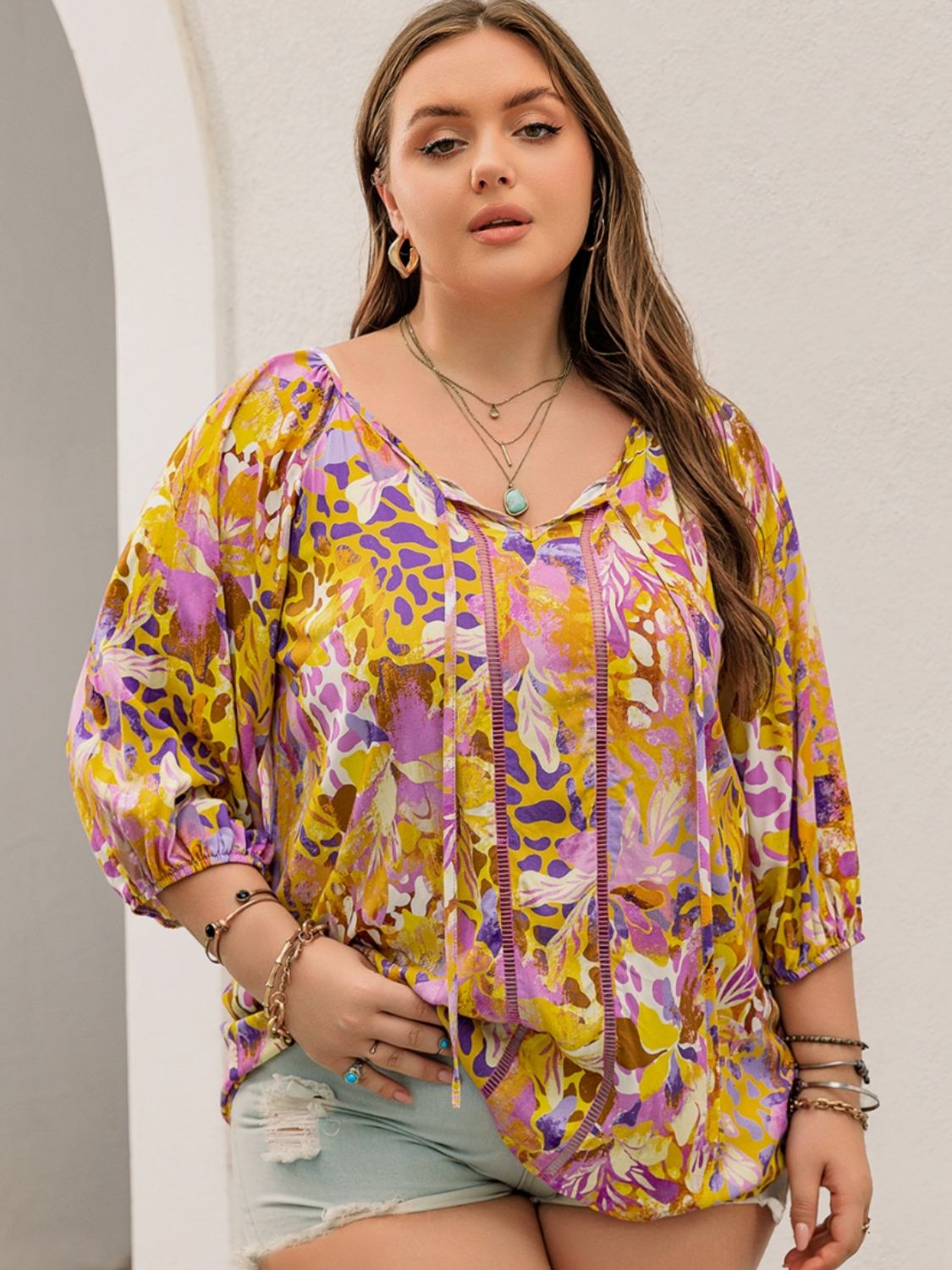 Beach Rose Co.Plus Size Printed Tie Neck Blouse in Moonlit Mauve