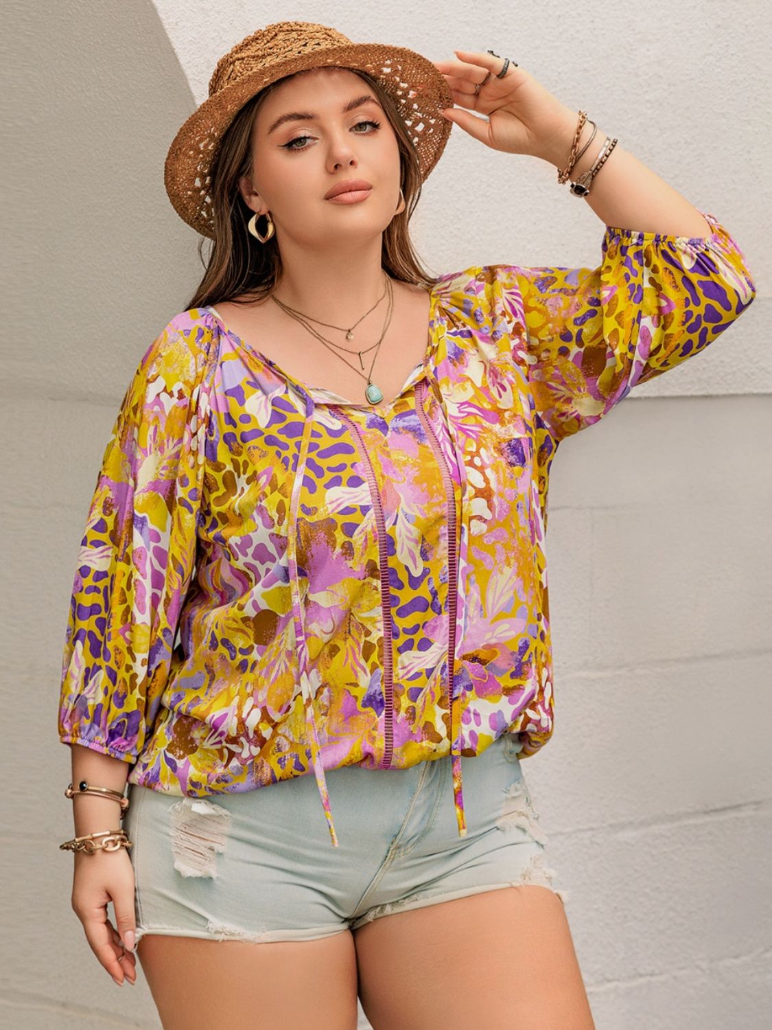 Beach Rose Co.Plus Size Printed Tie Neck Blouse in Moonlit Mauve