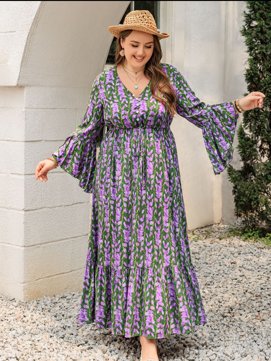 Beach Rose Co.Plus Size Printed V - Neck Long Sleeve Maxi Dress