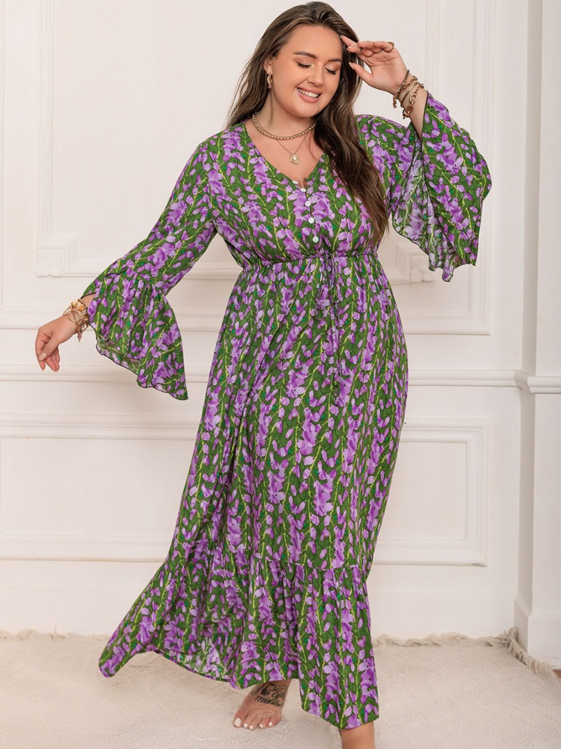 Beach Rose Co.Plus Size Printed V - Neck Long Sleeve Maxi Dress