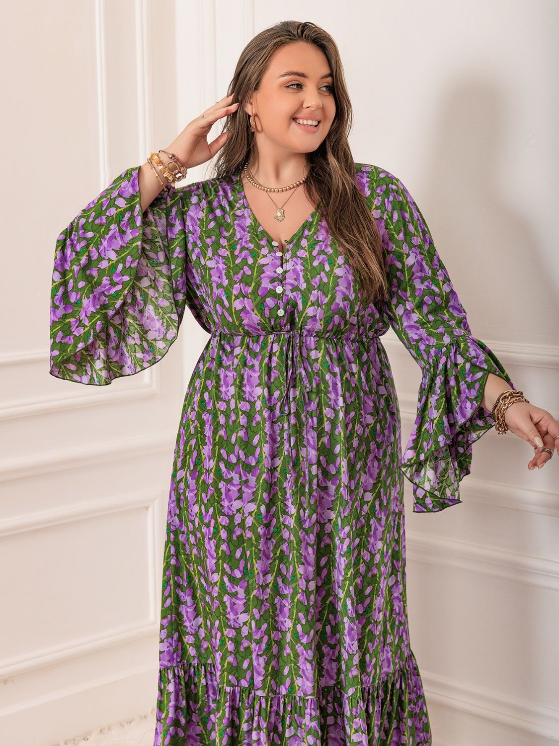 Beach Rose Co.Plus Size Printed V - Neck Long Sleeve Maxi Dress