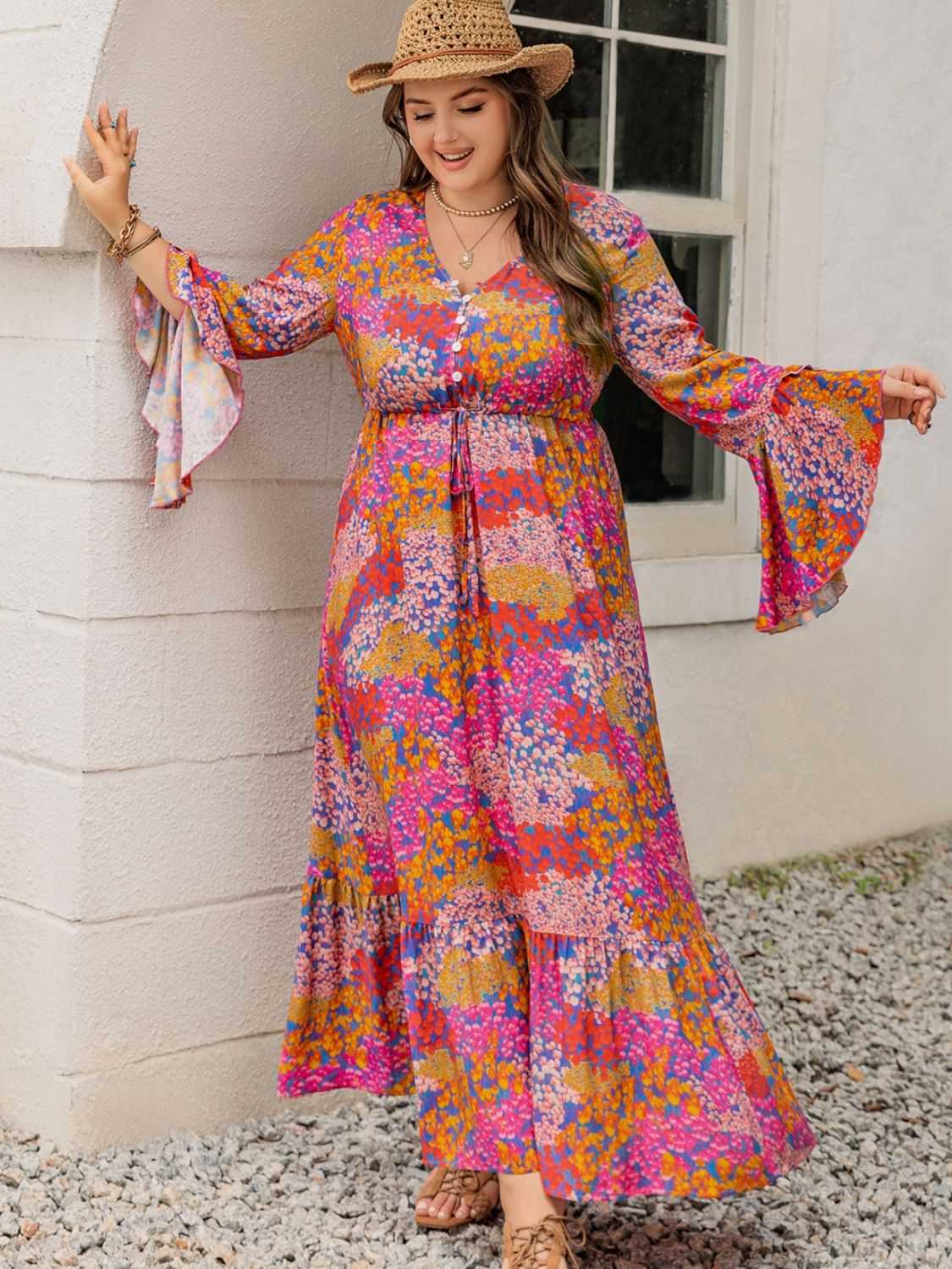 Beach Rose Co.Plus Size Printed V - Neck Long Sleeve Maxi Dress