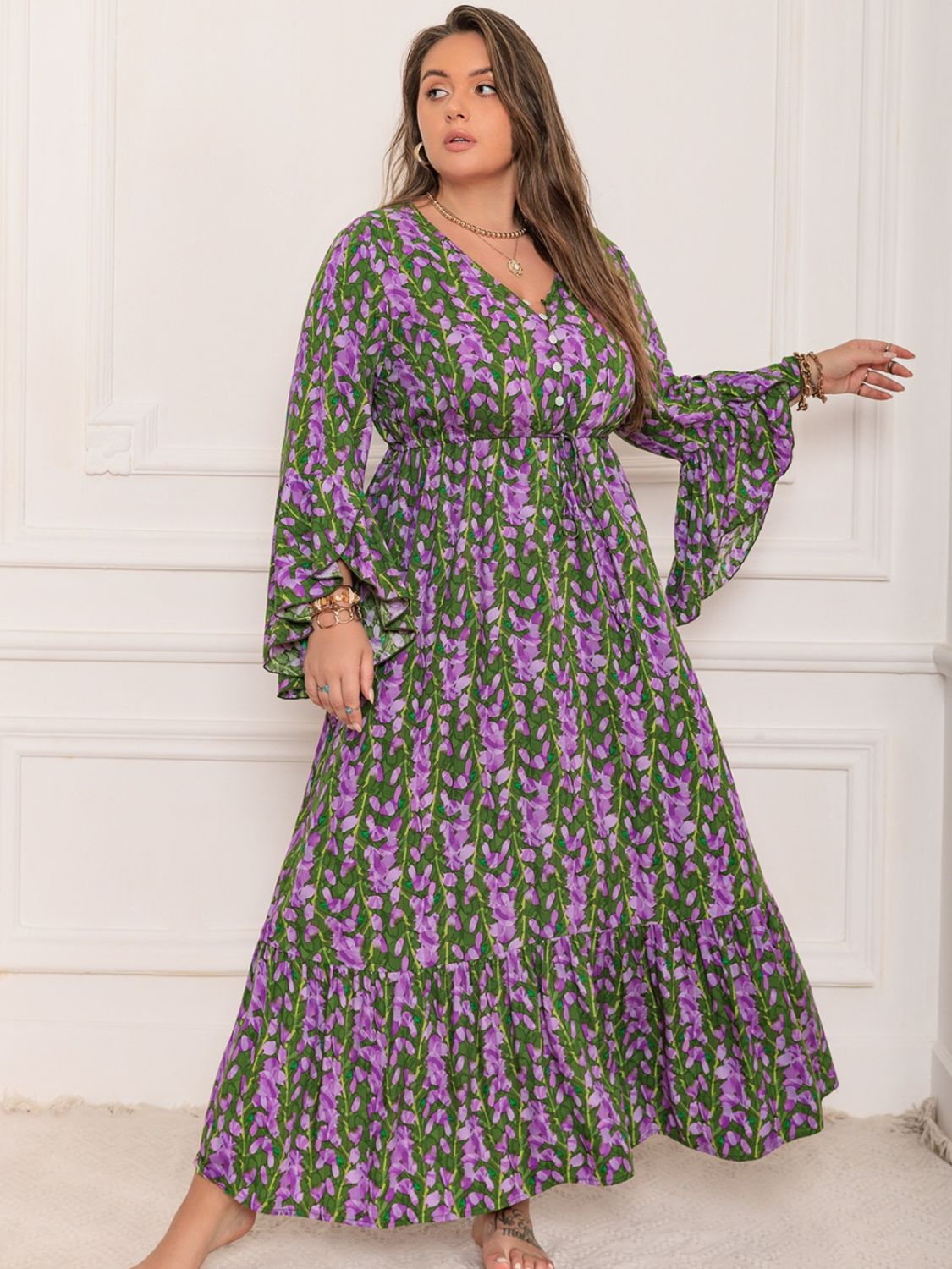 Beach Rose Co.Plus Size Printed V - Neck Long Sleeve Maxi Dress