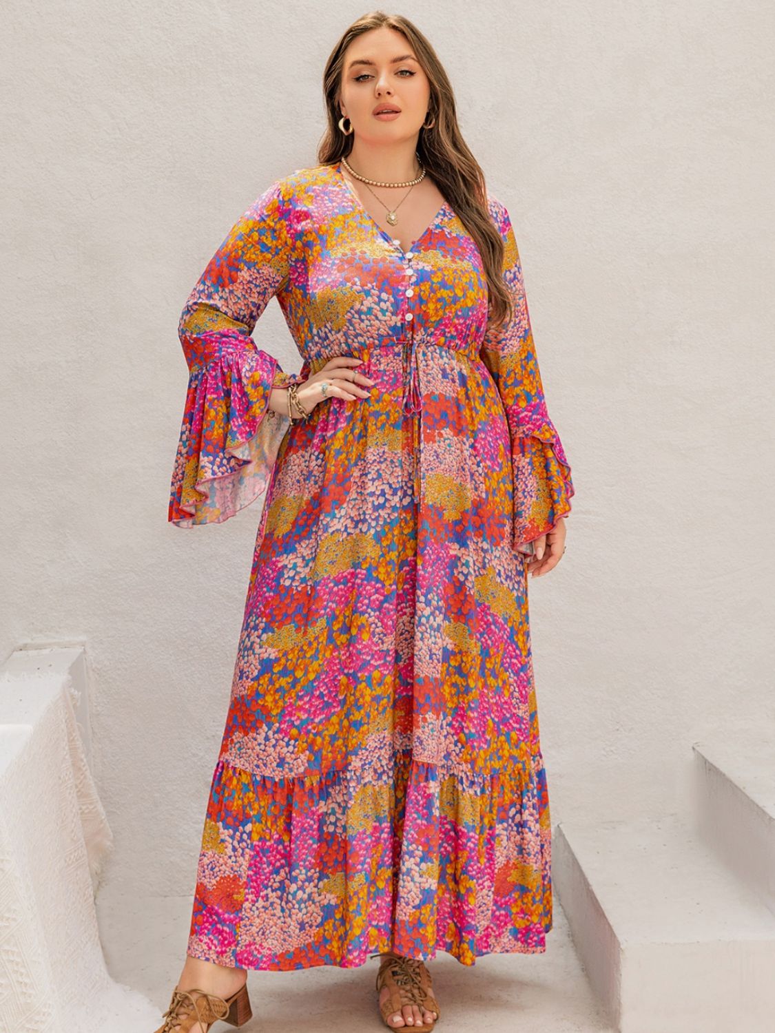 Beach Rose Co.Plus Size Printed V - Neck Long Sleeve Maxi Dress