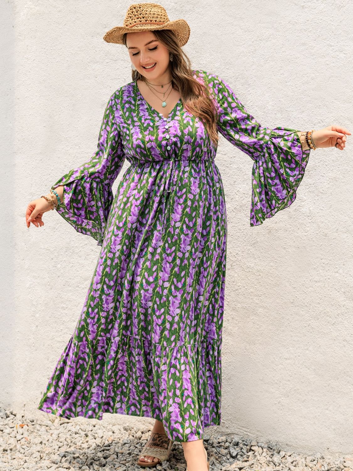 Beach Rose Co.Plus Size Printed V - Neck Long Sleeve Maxi Dress