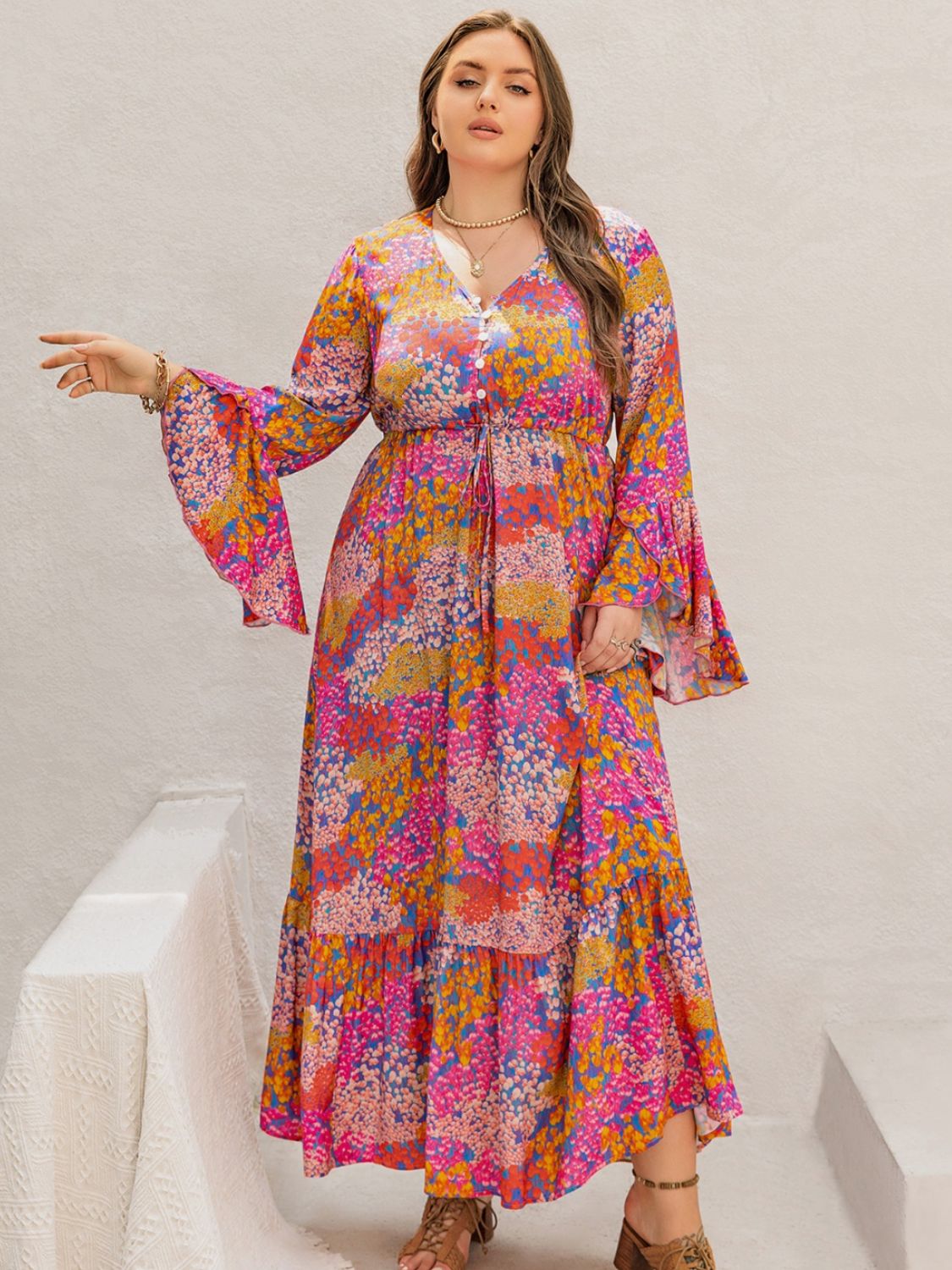 Beach Rose Co.Plus Size Printed V - Neck Long Sleeve Maxi Dress