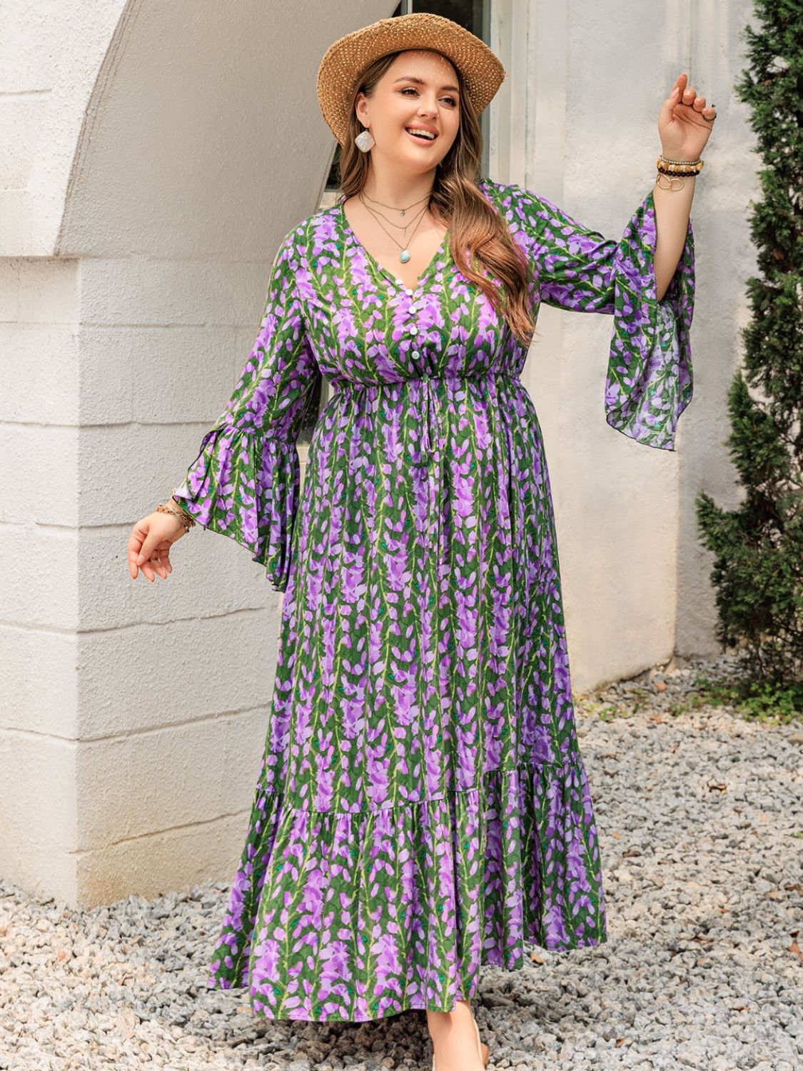 Beach Rose Co.Plus Size Printed V - Neck Long Sleeve Maxi Dress