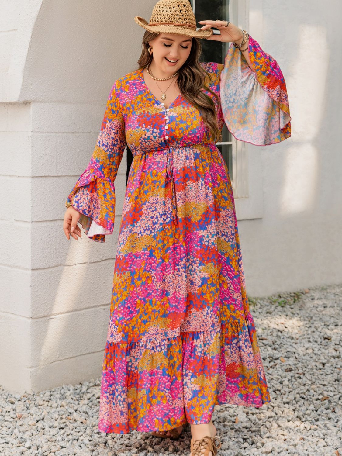 Beach Rose Co.Plus Size Printed V - Neck Long Sleeve Maxi Dress