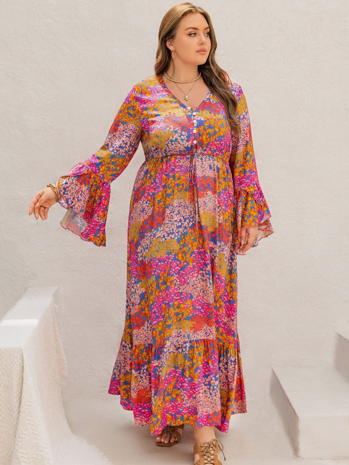 Beach Rose Co.Plus Size Printed V - Neck Long Sleeve Maxi Dress