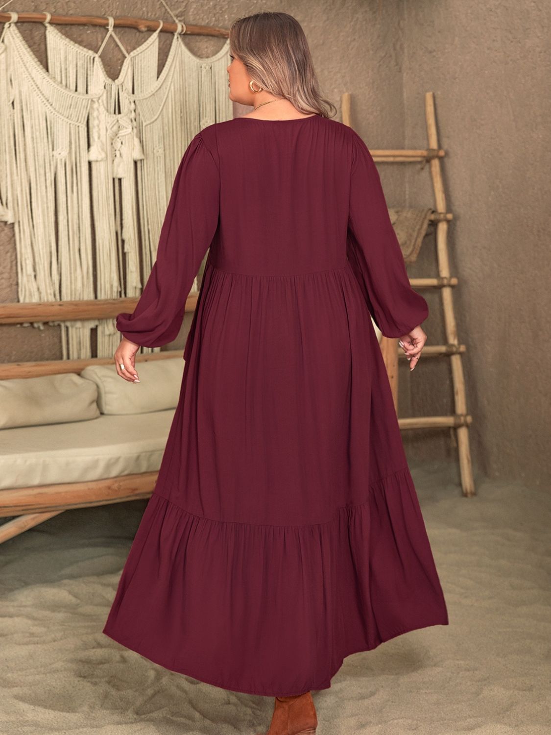 Beach Rose Co.Plus Size Ruffled V - Neck Long Sleeve Midi Dress