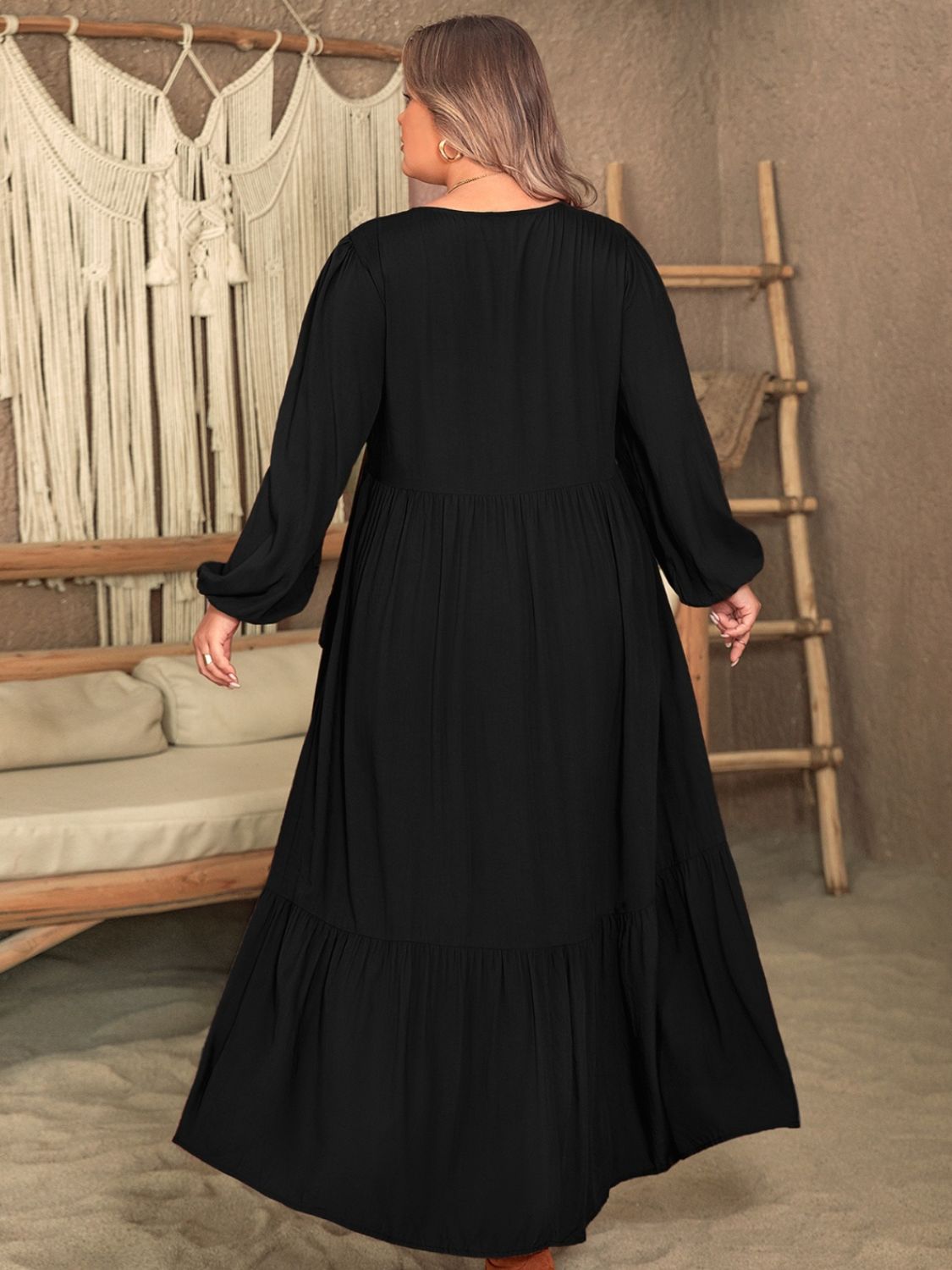 Beach Rose Co.Plus Size Ruffled V - Neck Long Sleeve Midi Dress