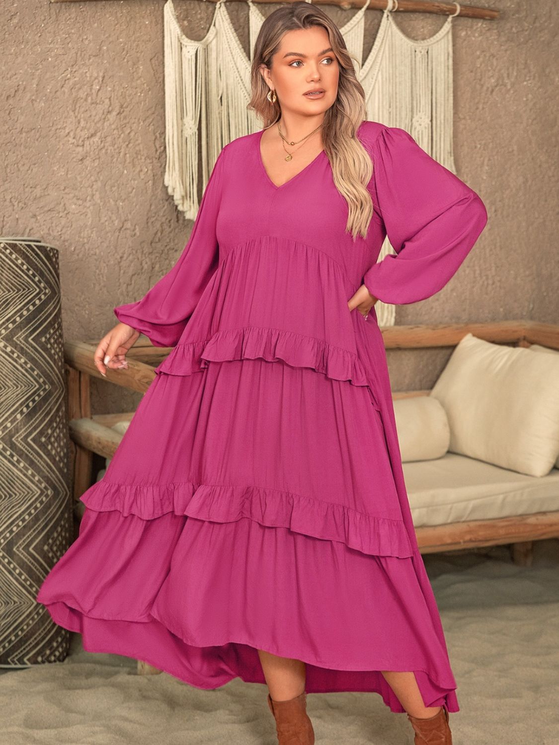 Beach Rose Co.Plus Size Ruffled V - Neck Long Sleeve Midi Dress