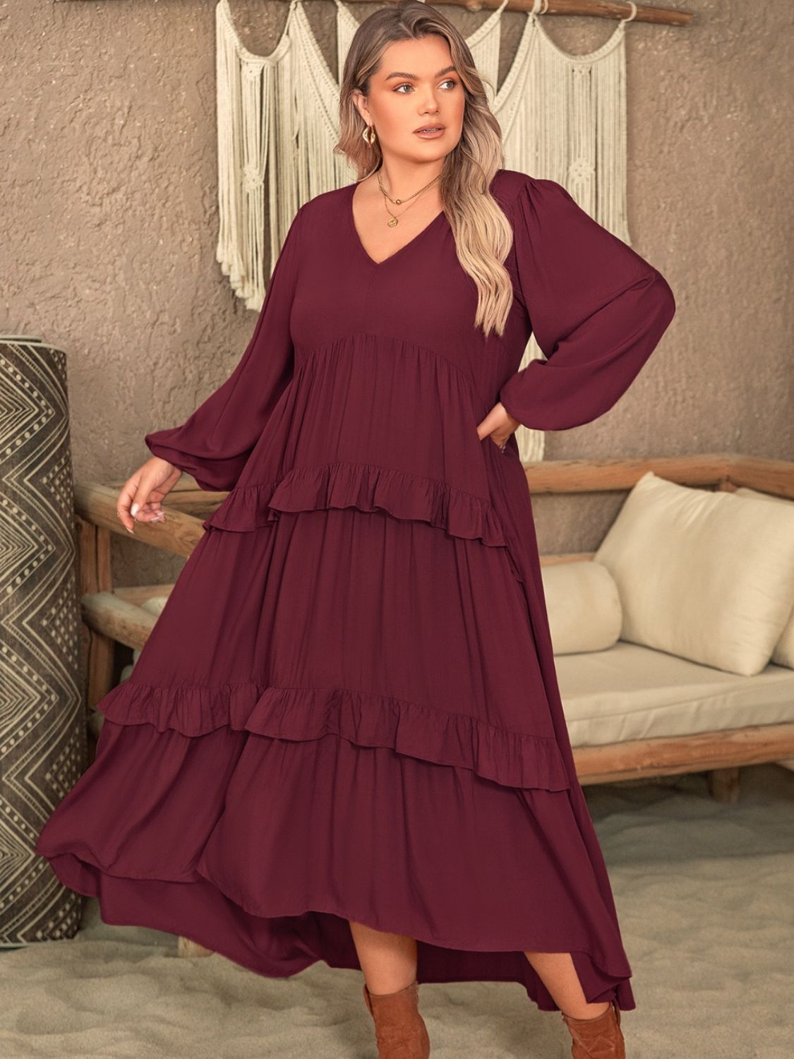 Beach Rose Co.Plus Size Ruffled V - Neck Long Sleeve Midi Dress