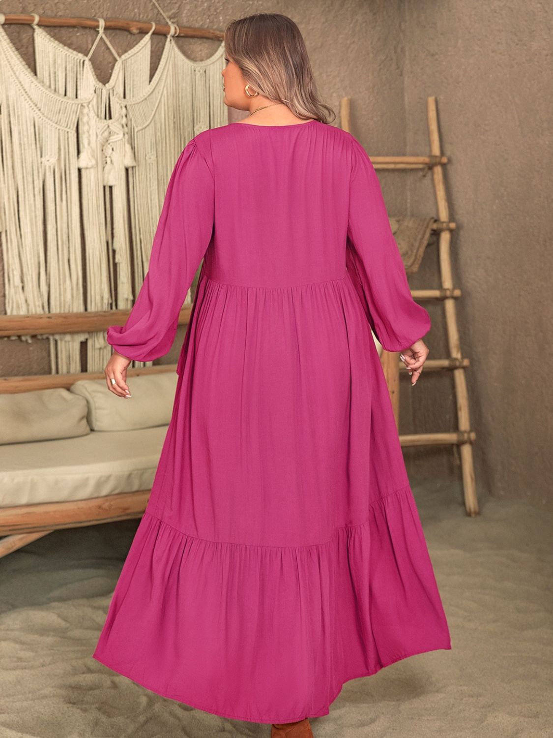 Beach Rose Co.Plus Size Ruffled V - Neck Long Sleeve Midi Dress