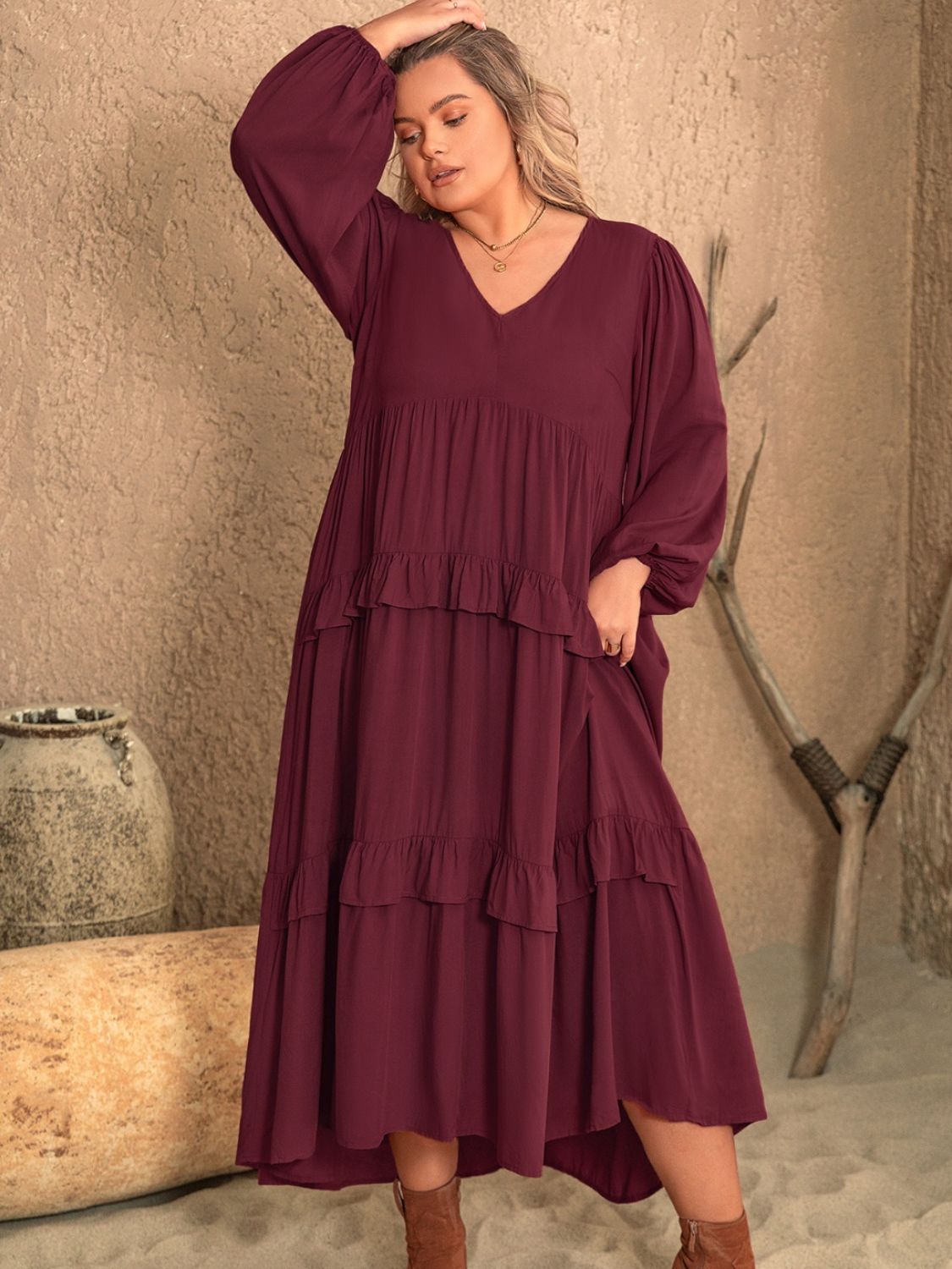 Beach Rose Co.Plus Size Ruffled V - Neck Long Sleeve Midi Dress