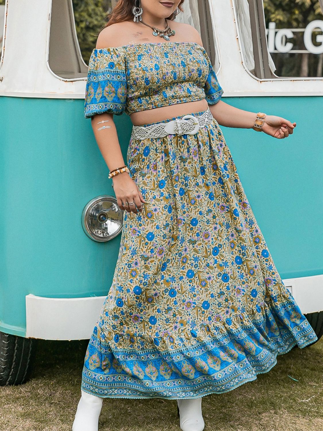 Beach Rose Co.Plus Size Smocked Off Shoulder Top and Maxi Skirt Set in Sky Blue